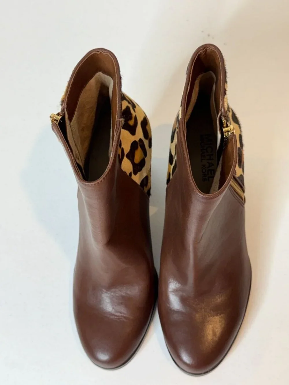 Michael Kors Brown Leather Leopard Calf Hair Ankle Boots 6.5
